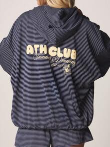 MISSGUIDED Áo hoodie kẻ sọc cỡ lớn với mũ có dây rút và túi trước, in chữ thể thao, ấm áp, thoải mái, thích hợp cho mùa thu đông. - Màu xanh lam - Xem 5
