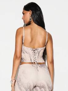 KIZN Animal Print Cowl Neck Overlay Corset Tank Top Structured Cami With Draped Neckline Fall Fashion - Khaki - View 2