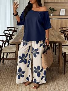 Weeklong Bộ đồ đi nghỉ mát dành cho nữ cỡ lớn, màu trơn, cổ bất đối xứng và quần ống rộng in hoa, kiểu dáng thường ngày. - Nhiều màu - Xem 3