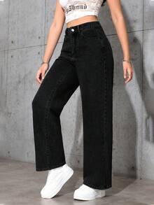 SHEIN PETITE Solid Color Mid-Waist Straight Loose Casual Everyday Jeans ,Petite Women - Black - View 6