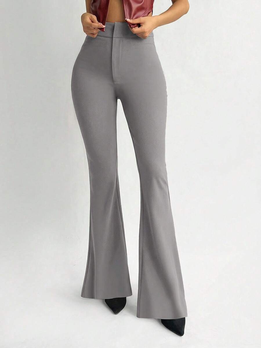 Aloruh Women's Autumn/Winter New High Waist Flare Leg Maxi Pants, Wine Red - Grey - View 1