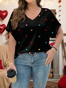 SHEIN CURVE+ Áo thun nữ tay ngắn dáng rộng, in hình trái tim nhiều màu sắc, cỡ US22, thích hợp cho lễ hội âm nhạc, kỳ nghỉ bên bờ biển, phong cách Bohemia, thích hợp cho mùa hè. - màu đen - Xem 3