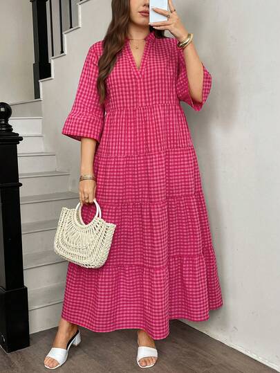 Comfylo Plus Size V-Neck Ruffle Trim Plaid Loose Summer Dress