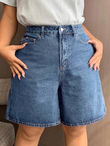 Dazy Plus 深蓝色水洗蝴蝶刺绣贴袋阔腿七分牛仔短裤，春夏款 - 淺色水洗藍 - 查看 6