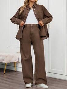 Boho Mama 两件套孕妇休闲日常通勤时尚宽松落肩牛仔外套和阔腿牛仔裤套装，春秋季春夏情人节嘉年华服装通勤度假毕业时尚Y2K可爱街头风性感派对婚礼优雅商务休闲女装高腰阔腿牛仔裤棕色牛仔休闲长裤 - 棕色 - 查看 1