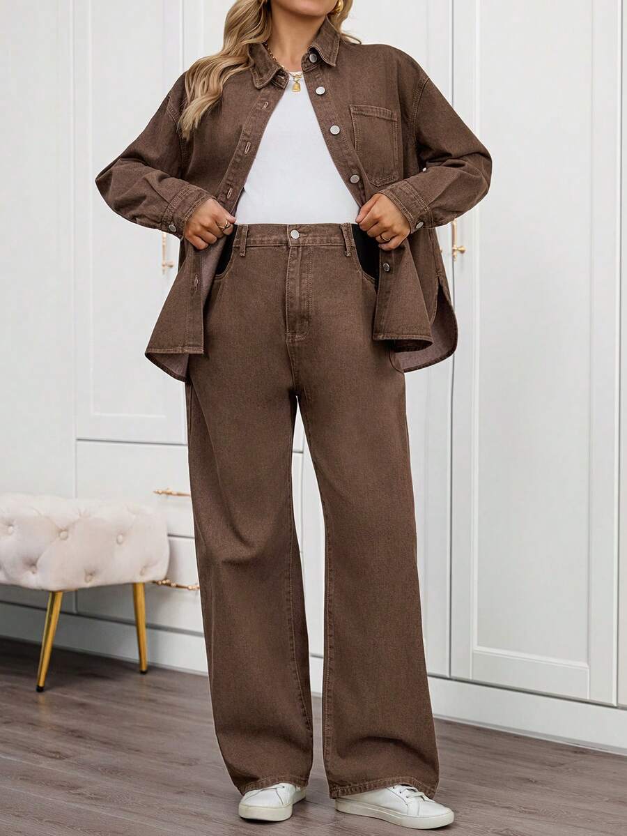 Boho Mama 两件套孕妇休闲日常通勤时尚宽松落肩牛仔外套和阔腿牛仔裤套装，春秋季春夏情人节嘉年华服装通勤度假毕业时尚Y2K可爱街头风性感派对婚礼优雅商务休闲女装高腰阔腿牛仔裤棕色牛仔休闲长裤 - 棕色 - 查看 1