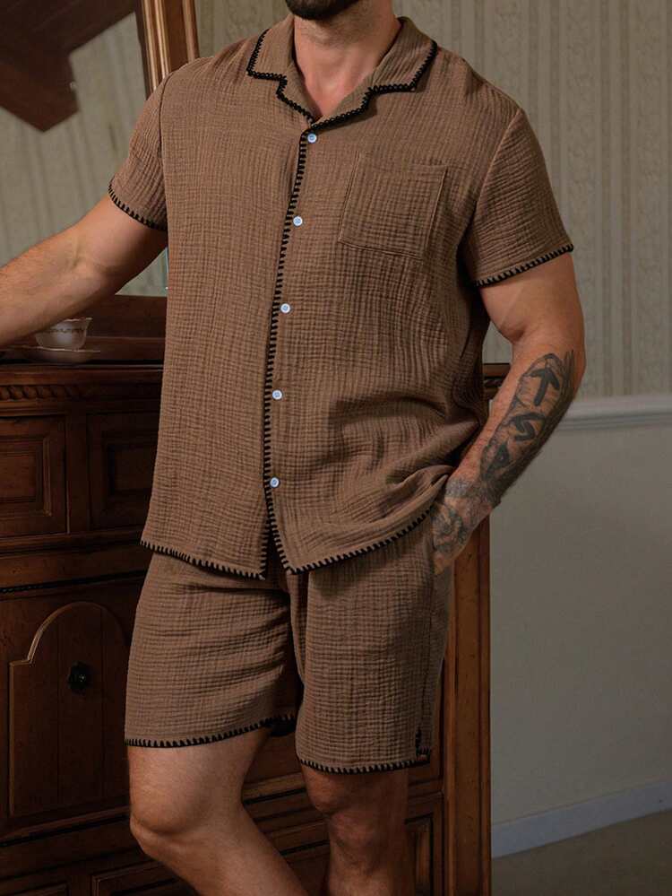 Solid Color Short Sleeve Shirt + Men's Loungewear Set, Summer
