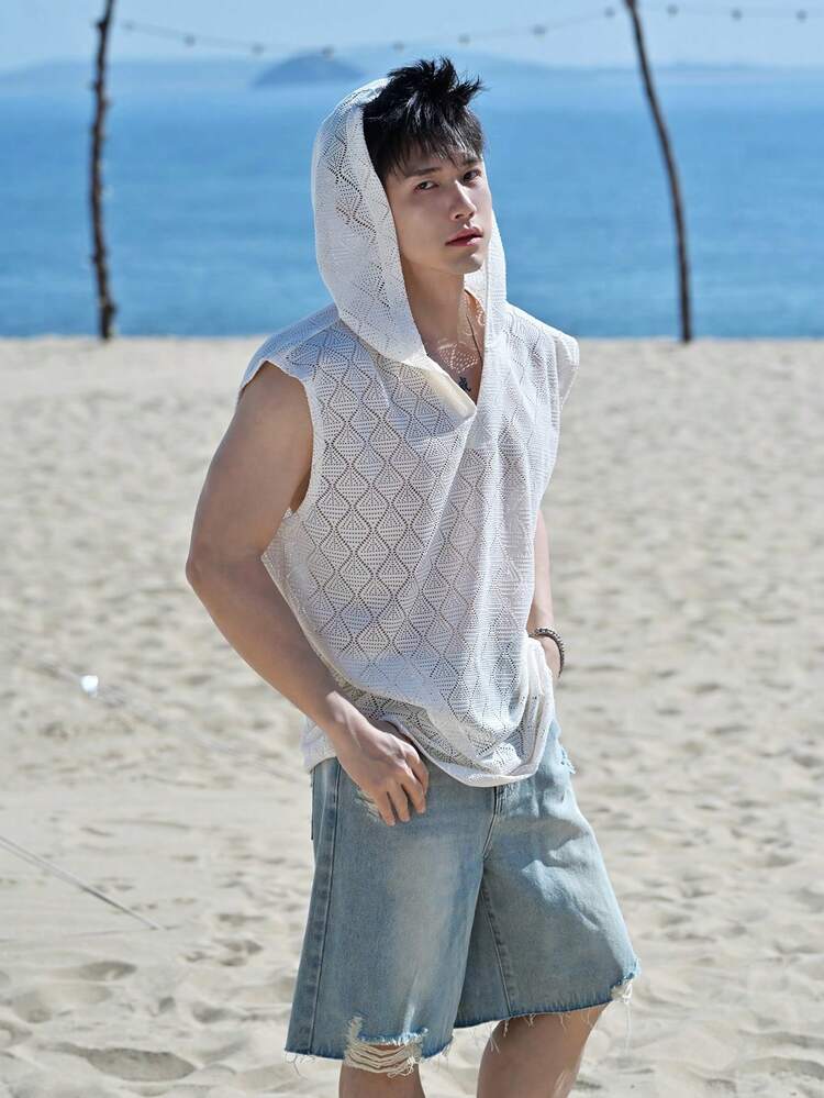 Men's Sleeveless Hooded Mesh Cover-Up, Summer