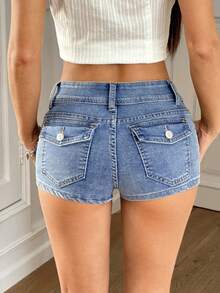 Rivivi Quần short denim nữ kiểu dáng thường ngày, có túi và cúc. - Màu xanh lam - Xem 2