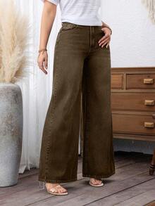 EMERY ROSE Plus Size Women Casual Solid Color Slant Pocket Wide Leg Jeans - Brown - View 7