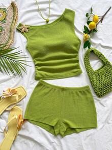 SHEIN WYWH Women's Solid Color Round Neck Metal Decor Pleated Top And Shorts Casual 2-Piece Set - Green - View 7