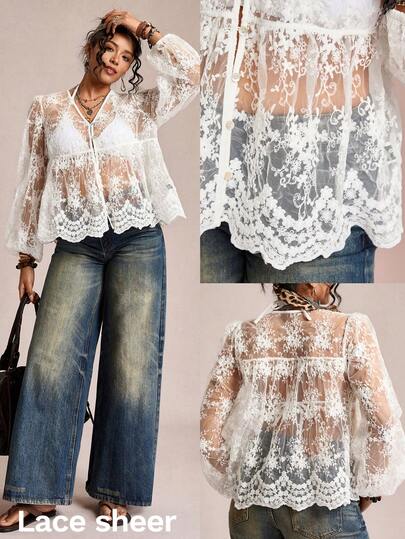 Freevana Embroidered Shell Button Sheer Plus Size Women Lantern Sleeve Blouse Carnival Outfit Party Beach Casual Valentine's Day
