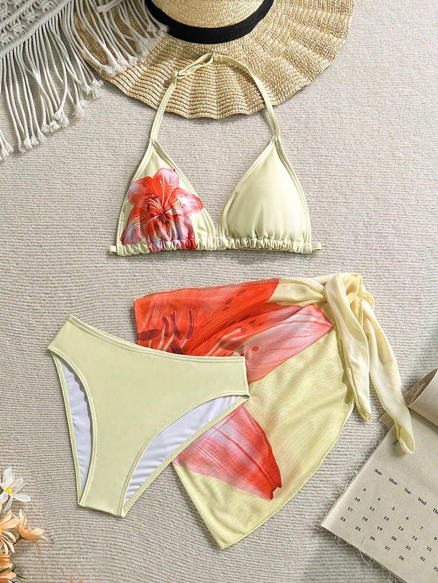 SHEIN Tween Girl Floral Print Halter Bikini Set With Matching Sarong Skirt, Beach Vacation - Yellow - View 1