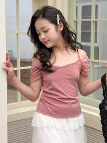 DAZY Áo hai dây trễ vai màu trơn dáng casual cho bé gái tuổi teen, mùa hè - Hồng - Xem 1