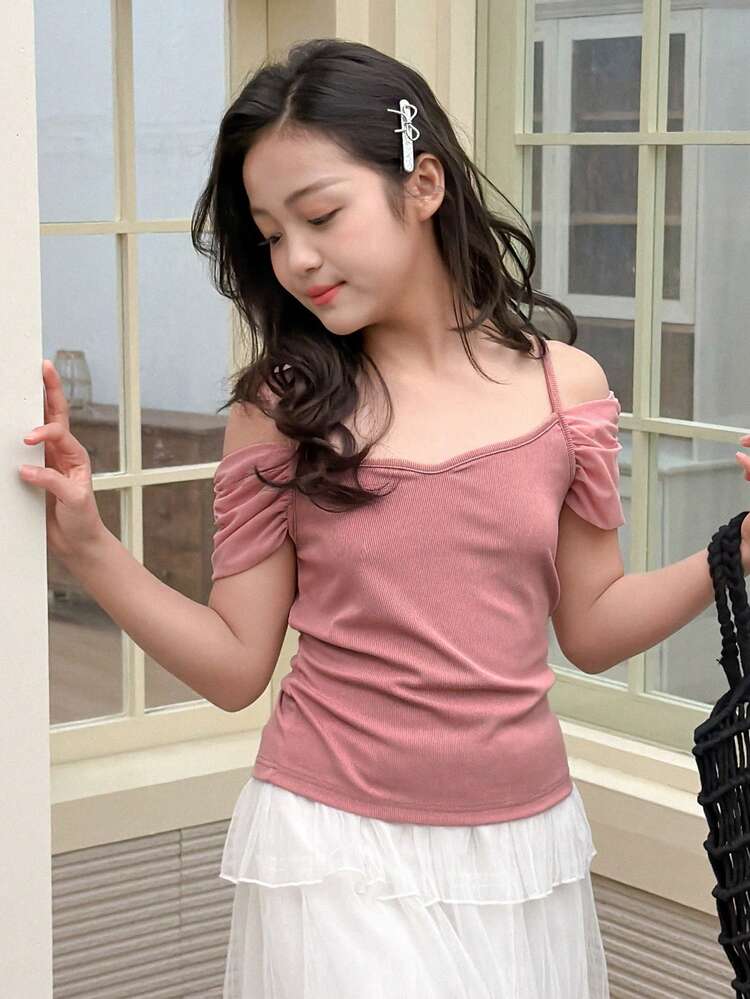 Tween Girls' Casual Solid Color Off-Shoulder Camisole T-Shirt, Summer