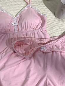 SHEIN EZwear 大码女式蕾丝拼接吊带背心和短裤两件套，春夏款 - 粉色 - 查看 6