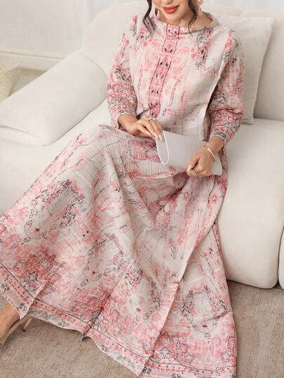Modelyn 粉色长袖印花褶皱长款女式长袍连衣裙