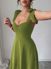 Elenzga 无袖系带收腰A字优雅浪漫连衣裙（女款） - 軍綠色 - 查看 6