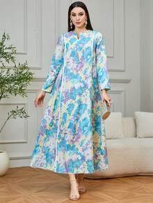 Yasmyna Women's Floral Print Long Sleeve Dress, Minimalist & Versatile - Teal Blue - View 5