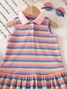 SHEIN 新生女宝宝可爱休闲针织彩色条纹polo领短袖连衣裙 - 彩色 - 查看 4
