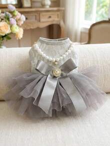 PETSIN 1 Piece Of Clothing For Cats/Dogs, Decorated With Pearl Necklace Dress, Spring And Summer Pet Gray Fluffy Gauze Skirt - Grey - View 3