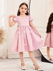 SHEIN Đầm dệt màu trơn cổ vuông tay phồng trang trí nơ cho bé gái - Hồng - Xem 7