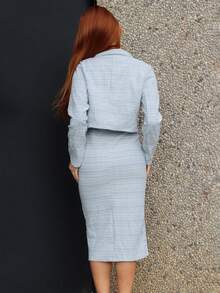 SILVIA DI SANTO 两件套粗花呢套装：优雅人字纹西装外套 + 无袖修身连衣裙，春秋季时尚淑女装 - 藍白色 - 查看 2