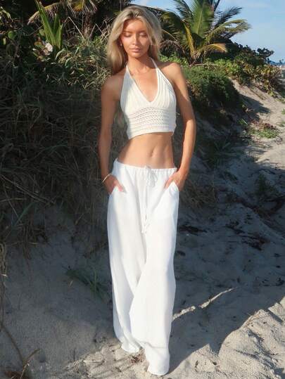 Sydney Algeri 系带亚麻质感沙滩裤，优雅夏季度假阳光休闲波西米亚风白色机场冬季派对裤