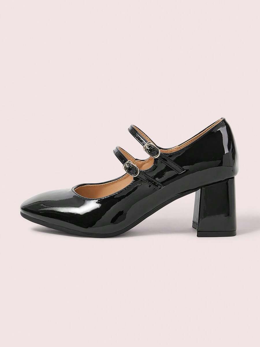 CUCCOO DOLLMOD College Patent Leather High-Heeled Mary Jane Autumn Shoes Round Head Double Buckle With Versatile Thick Heel Single Shoes Femininity Evening Wind Women's Shoes - Black - View 1