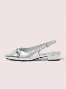 CUCCOO DOLLMOD Small Square Head Hollow Bow Back Strap Single Shoes Fashion Temperament Elegant Versatile Thick Heel Back Empty Commuting Sandals Women - Silver - View 2