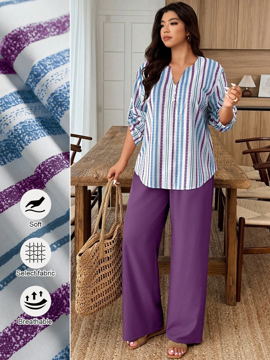 Breezaya Set de 2 piezas Traje de mujer talla grande con parte superior de estampado floral de cuello con muesca y mangas con botones en contraste de color y Bottom de unicolor, estampado aleatorio - Multicolor - Ver 1