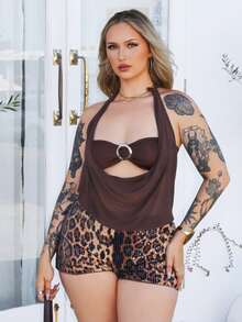 Arliah 猎豹印花女式性感低腰豹纹闪亮短裤，时尚又 - 棕色 - 查看 3