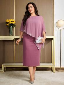Modelyn Plus Size Women's Fashion Party Asymmetrical Design Dress - Dusty Pink - View 4