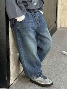 DAZY 男童休闲宽松弹力腰带牛仔裤，带口袋 - 藍色 - 查看 3