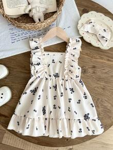 SHEIN 2pcs/ Baby Girl's Cute Summer Beige Sleeveless Halter-Neck,Textured Floral Print Dress With Ruffles,Family Matching Outings Decorative Headscarf - Apricot - View 5