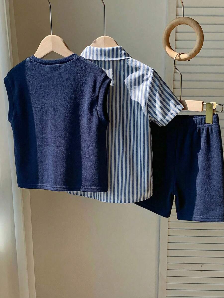 SHEIN 3pcs Baby Boy/Girl Navy Blue Preppy Vest,Shorts,Striped Shirt Set,Summer Casual Family Matching Outfit For Birthday Party,Wedding,School,Christening - Multicolor - View 1
