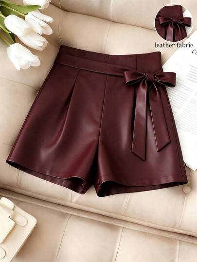 Franclia Vintage Wine Red Leather High Waist Shorts, Pleated Waist Bow Decor Loose Casual Shorts, Versatile For Dates And Commute, Slimming And Elegant, Crisp Leather Material Hides Flaws, Exquisite Bow Design Pleated High Waist Wine Red Leather Casual Shorts