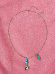 THE POWERPUFF GIRLS X SHEIN 1pc Fashionable Zinc Alloy Cartoon Pattern Rhinestone Embellished Necklace, Simple & Cute, Luxury Niche, Suitable For Party, Concert, Festival - Platinum - View 2