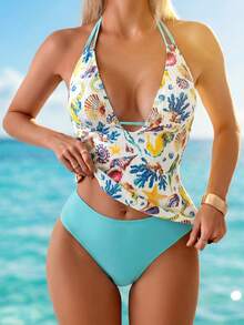 Swim Lushoire Bestselling Summer Beach Vacation Spaghetti Strap Tie Top + Triangle Bottoms 2 Pieces Bikini Set, Special Fabric - Multicolor - View 1