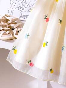 Girls' Pink Summer Fairy Princess Dress,Floral Embroidery Mesh Pearl Decor Smocked Ruffle Strap Sundress For Kids First Birthday Holiday Party - Apricot - View 5