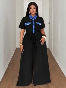 Maweii Plus Size Women's Black Contrast Print Collar & Pocket Button Front Belted Wide Leg Jumpsuit, Elegant Fit For Office & Casual Outings - Black - View 4