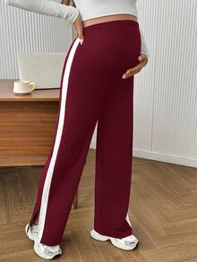 SHEIN Maternity Comfortable Casual Sports Contrast Color Split Leggings - Burgundy - View 4