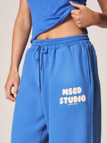 MISSGUIDED 阔腿泡泡印花慢跑运动裤，弹性腰带抽绳，侧边口袋，休闲家居服 - 寶藍色 - 查看 4