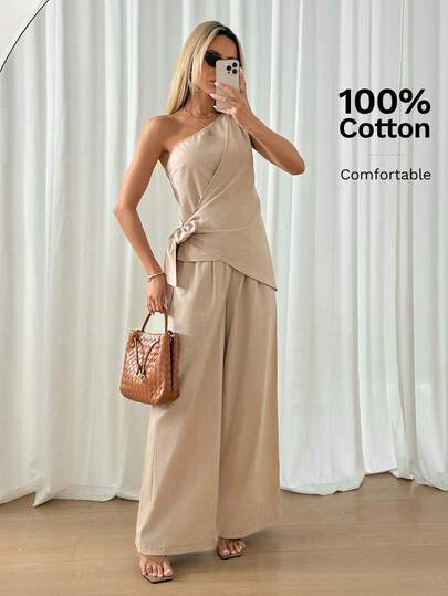 Easowa 100% Cotton Khaki 2 Pieces Set For Women, Asymmetrical Hem Twist Tie Shoulder Top And Pocket Pants, Suitable For Vintage, Casual Office, Commute, And Vacation Outfits, Spring/Summer