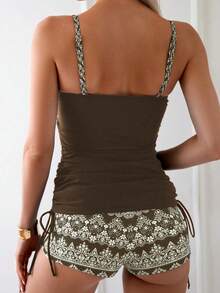 Swim Lushoire Women's Summer Vacation Beach Pattern Print Side Drawstring Tankini Set - Coffee Brown - View 2
