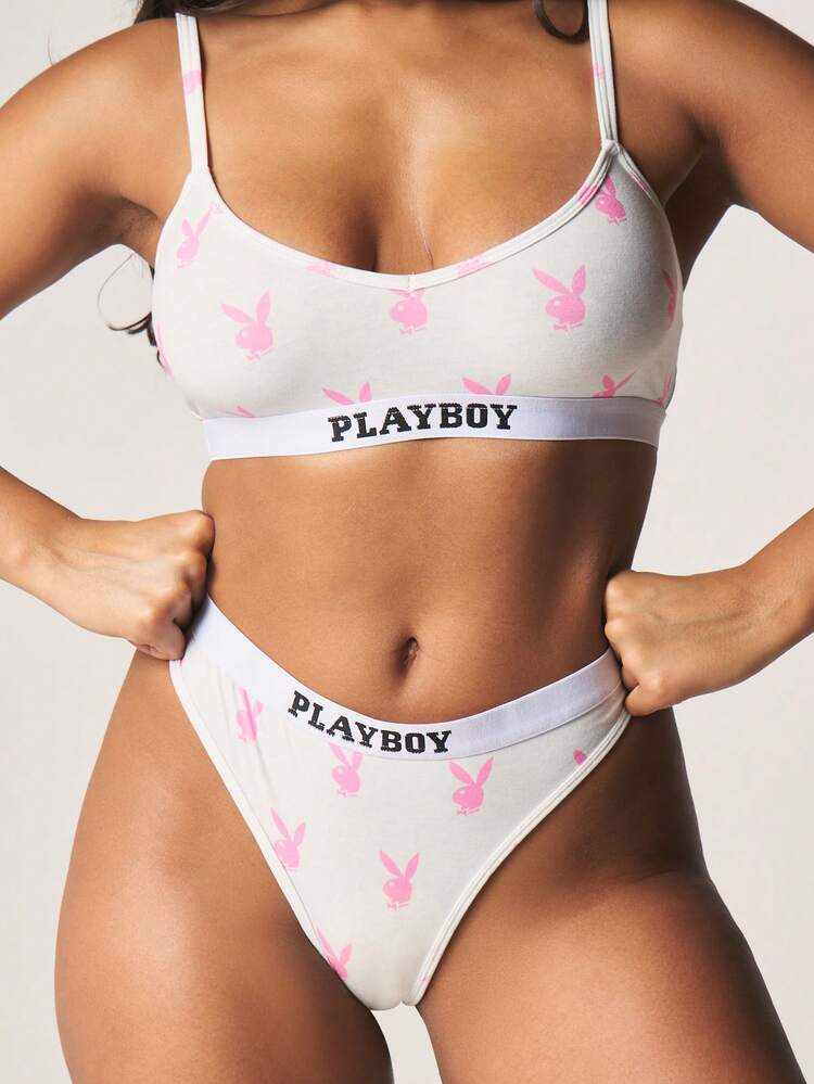 Missguided x Playboy Bunny Print Triangle Bralette And Thong Underwear Set With Elastic Band Detailing For Intimate Occasions And Everyday Comfort Lingerie
