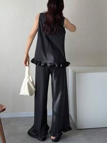 FRIFUL Women's Striped Ruffle Sleeveless Top And Wide Leg Pants Suit, Fashionable For Commuting And Office Wear - Black - View 2