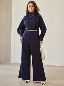 MOTF PREMIUM WOMEN'S BLUE TIE NECK LOOSE LONG SLEEVE ELEGANT VERSATILE BLOUSE - Blue - View 1