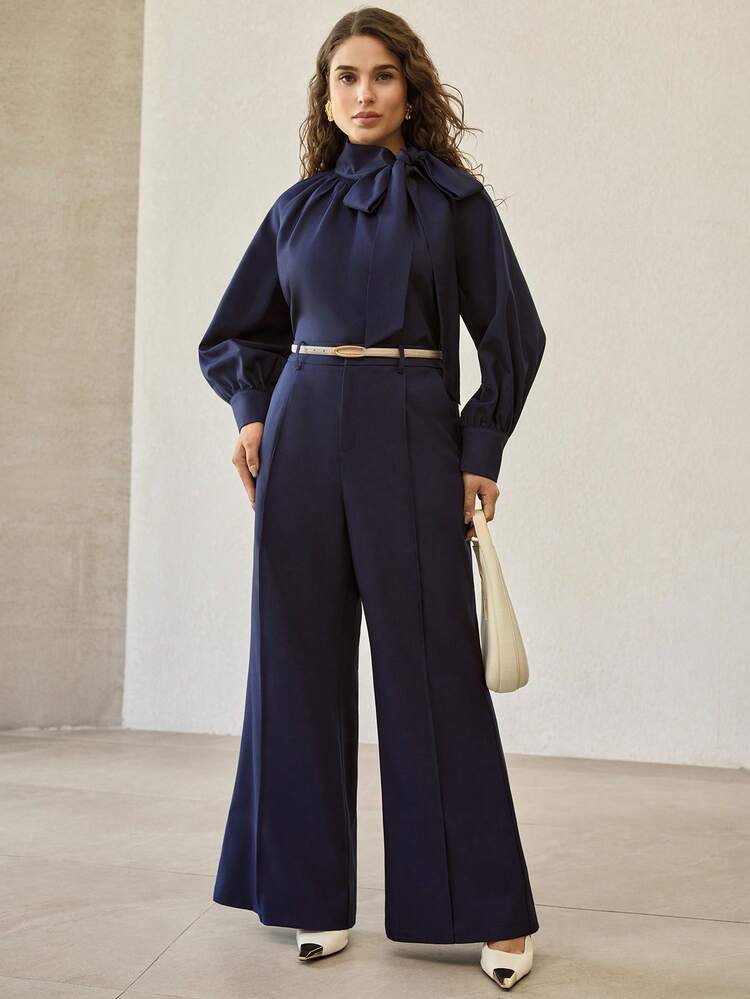 WOMEN'S BLUE TIE NECK LOOSE LONG SLEEVE ELEGANT VERSATILE BLOUSE