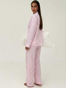 Aloruh Valentine's Day Striped Heart Print Button Front Long Sleeve Top And Pants Pajama Set - Pink - View 3